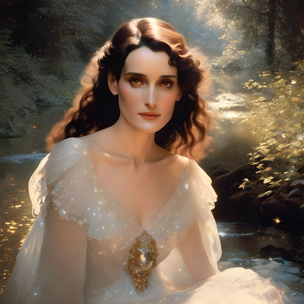 Dark-haired woman in flowing dress by sunlit stream