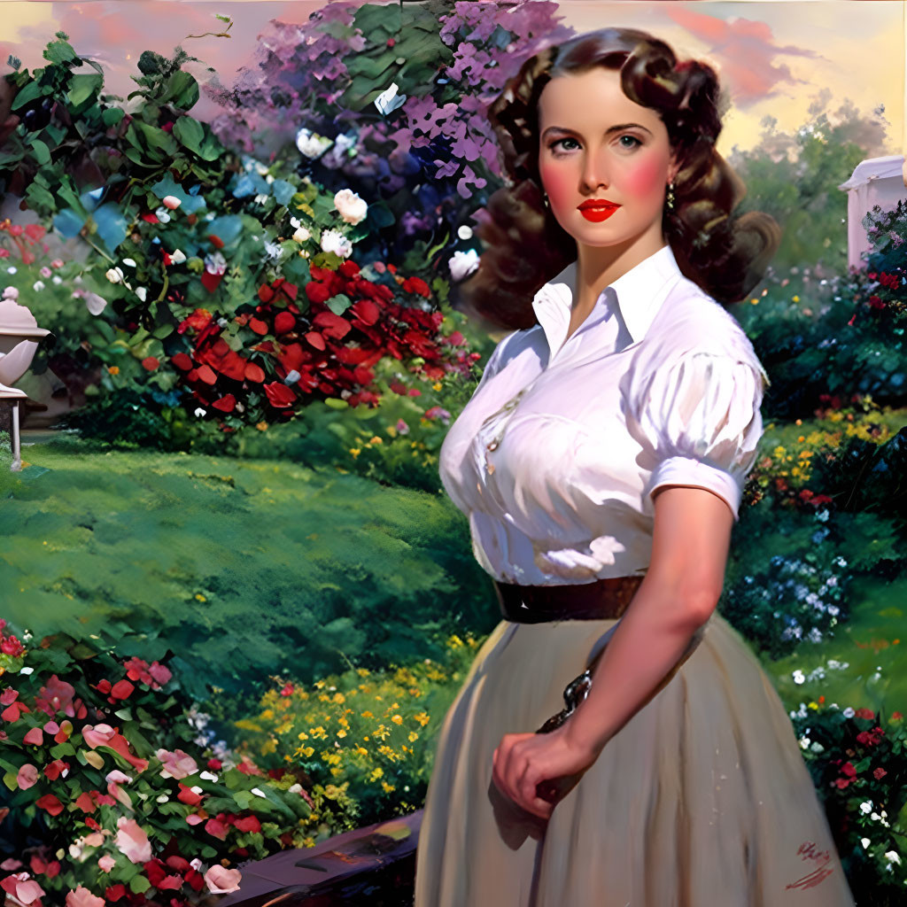 Vintage Portrait of Woman in White Blouse and Beige Skirt in Colorful Garden