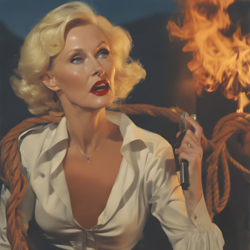 Blonde woman with red lipstick holding a cigarette in front of flames wearing a white blouse