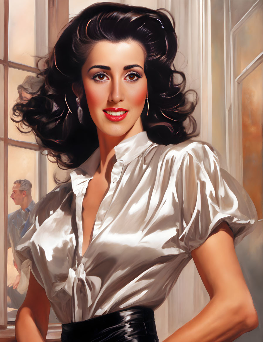 Stylized portrait of woman with dark hair, red lipstick, white blouse, black belt, and