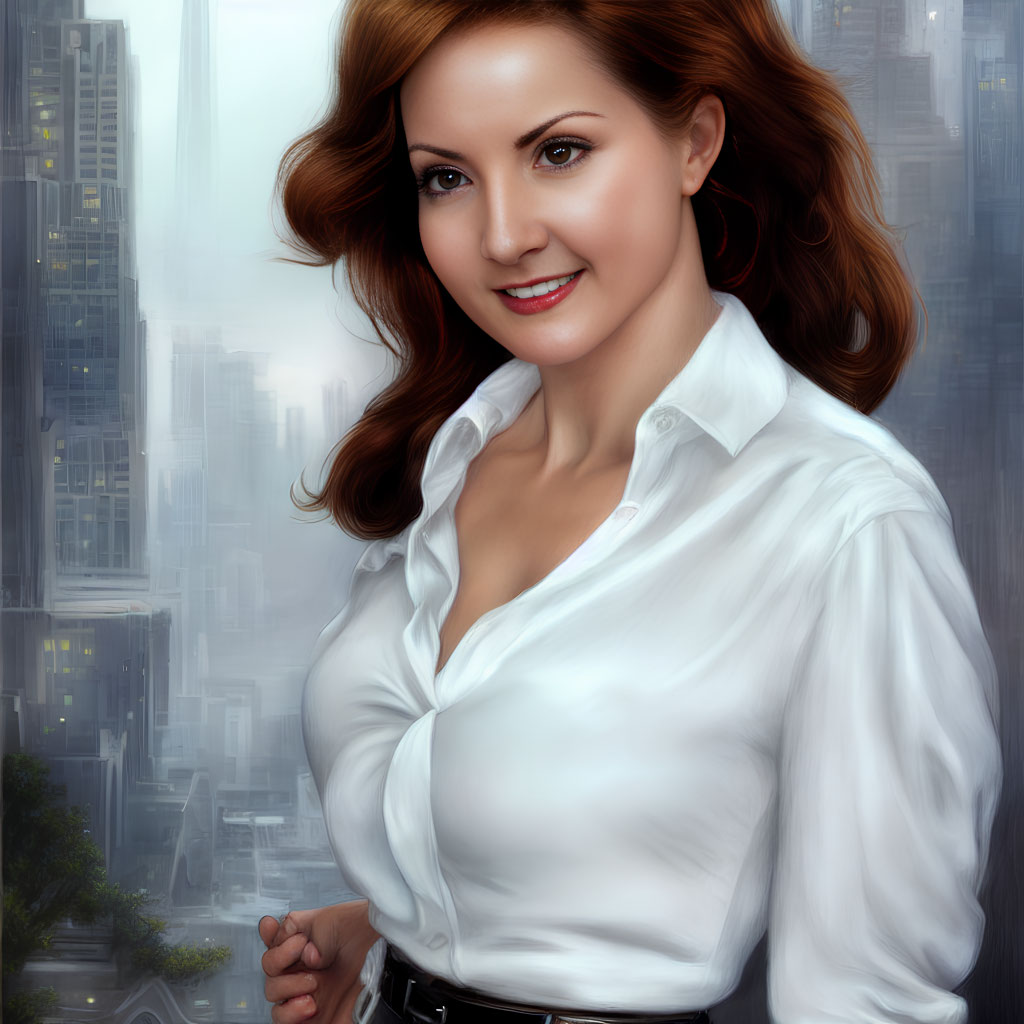 Smiling woman with red hair in white blouse against cityscape.