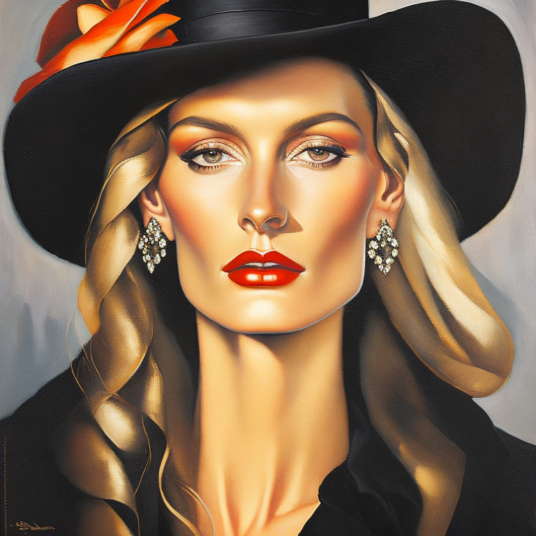 Portrait of woman with red lipstick, black hat, earrings, and braid on grey background