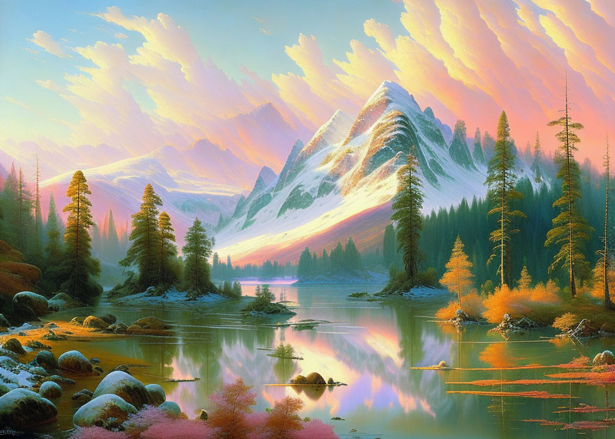 Tranquil landscape with mirror-like lake, pink clouds, autumn trees, & snow-capped mountains