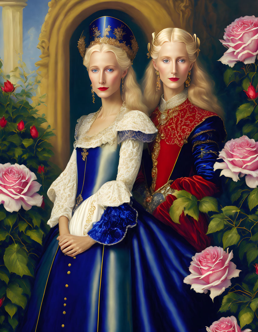 Regal women in historical dresses and roses showcase elegance