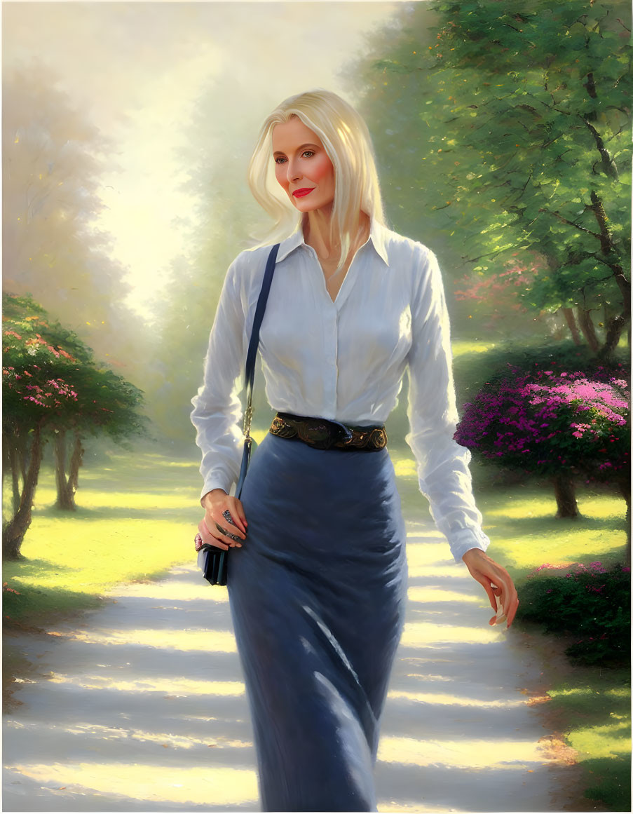 Blonde woman in white blouse and blue skirt walks on sunlit path