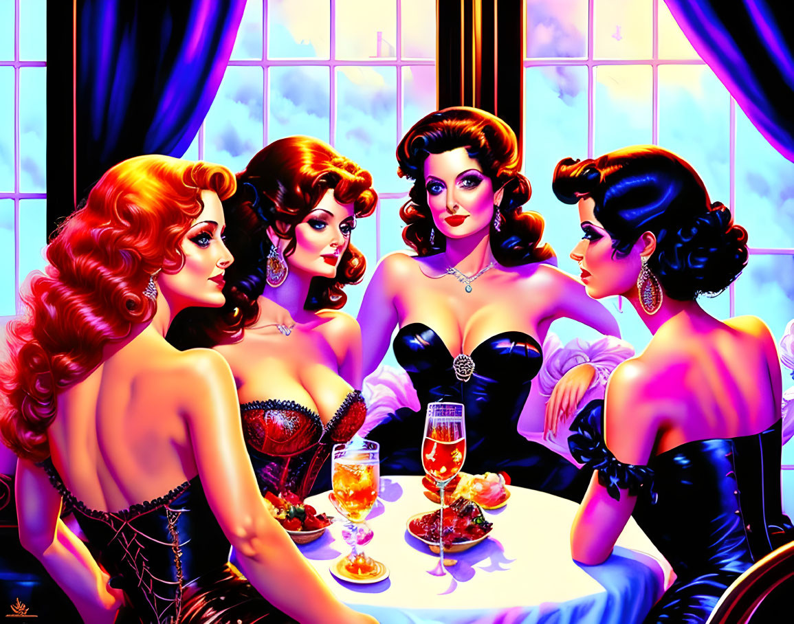 Four women in vintage attire at night window table with drinks & fruit