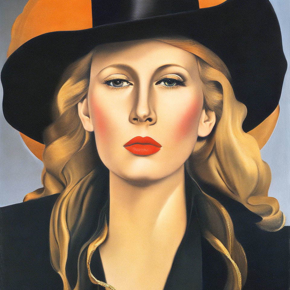 Blonde woman in black hat with red lipstick