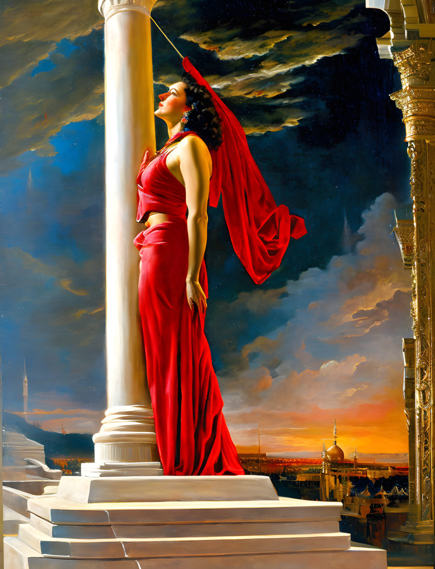 Elegant woman in red dress by column at sunset skyline