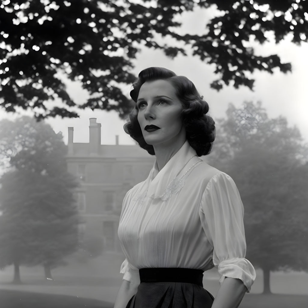 1940s vintage black and white photo of a woman with thoughtful expression and stately home in background