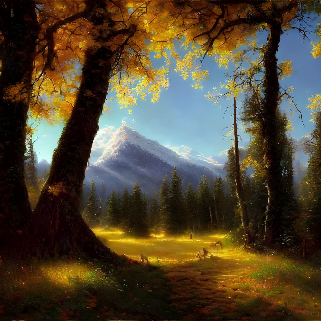 Tranquil autumn forest with golden leaves, sun rays, deer, and distant mountains