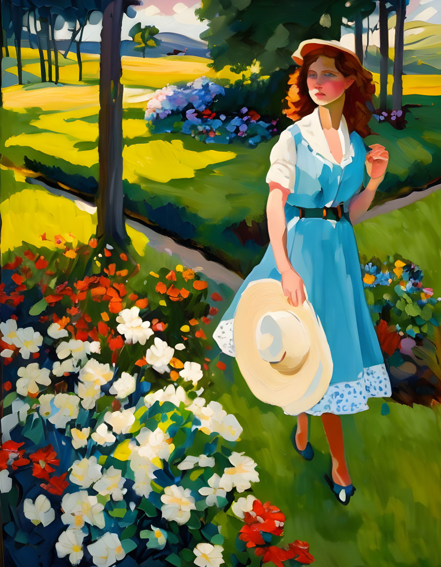 Woman in Blue Dress Strolling Through Vibrant Garden