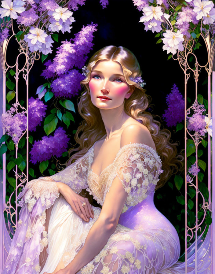 Blonde woman in white dress surrounded by purple and white floral arch