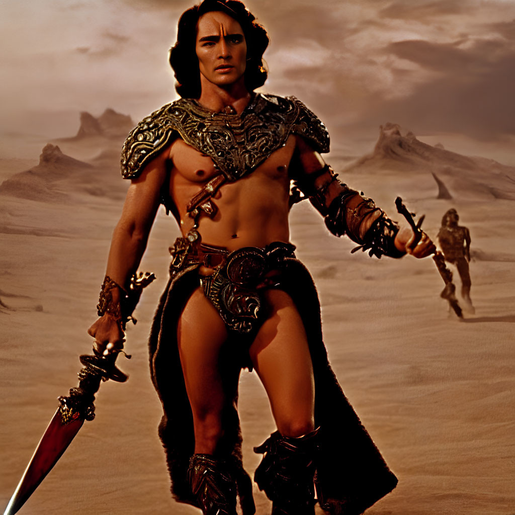 Muscular fantasy warrior with sword in desert landscape