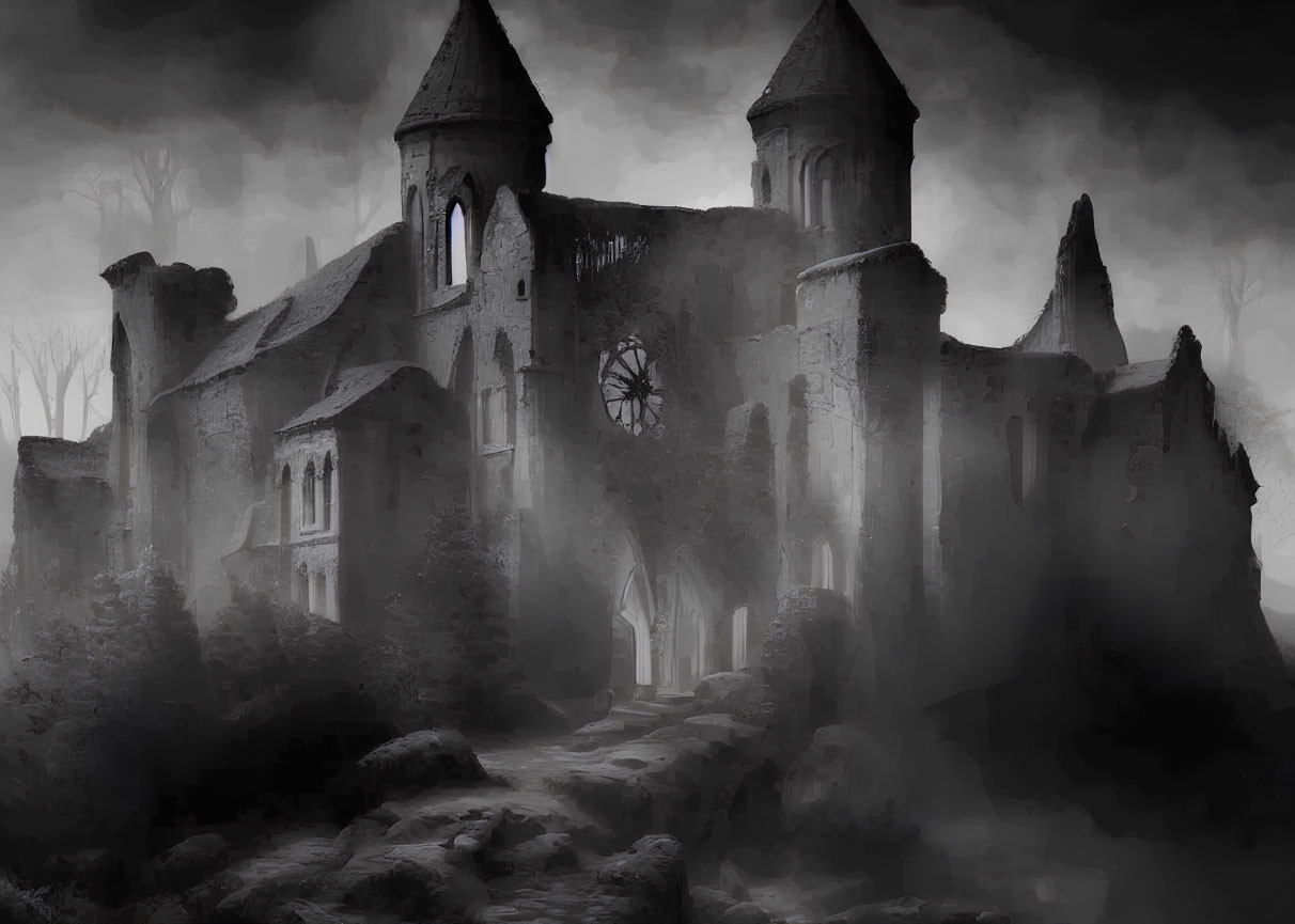Misty Gothic castle with spires and foggy ambiance