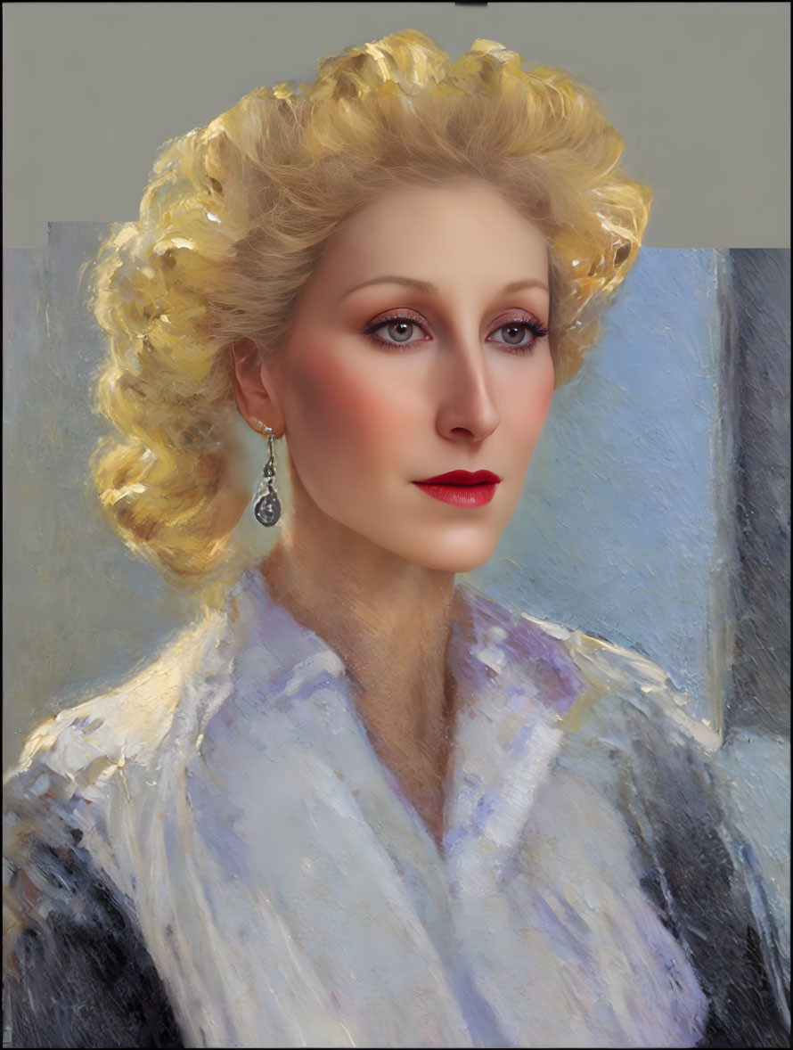 Portrait of Woman with Blonde Curls and Red Lipstick in White Top