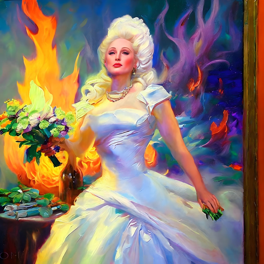 Woman in white gown and pearls with fiery background and flowers.