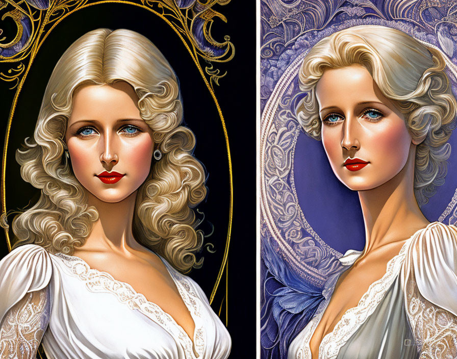 Stylized portraits of a woman with blonde curls in classic attire