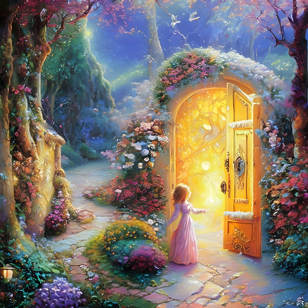 Girl in Pink Dress Standing in Glowing Doorway in Lush Garden Pathway