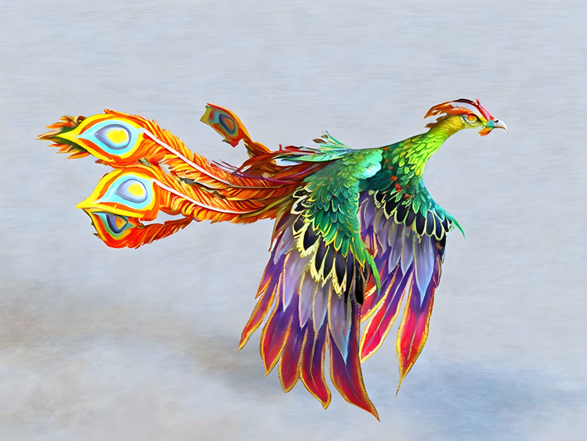 Colorful Mythical Bird with Peacock-Like Appearance and Elaborate Tail Feathers