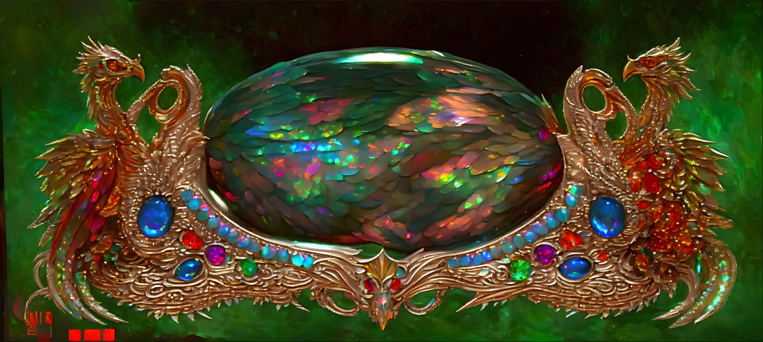 Iridescent opalescent egg on dragon-themed stand with gemstones on green backdrop