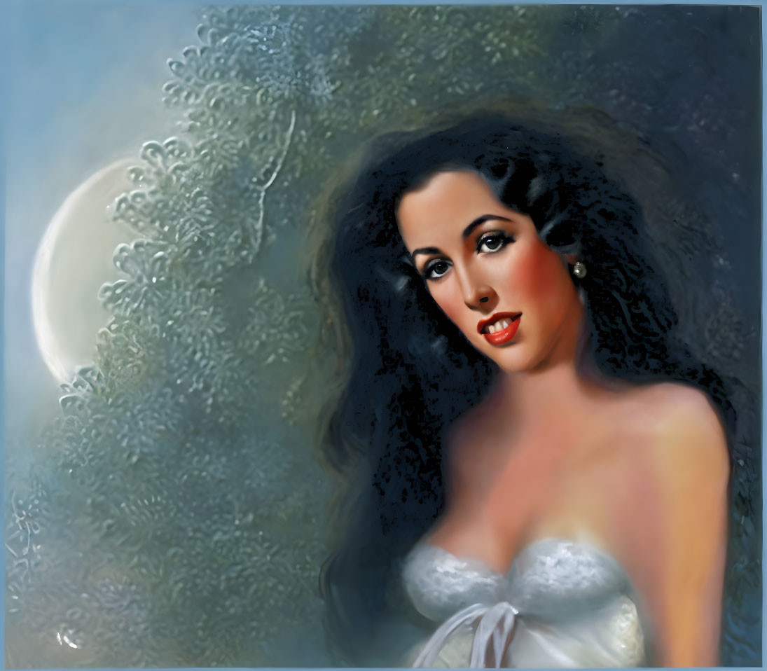 Portrait of woman in white dress against moonlit backdrop