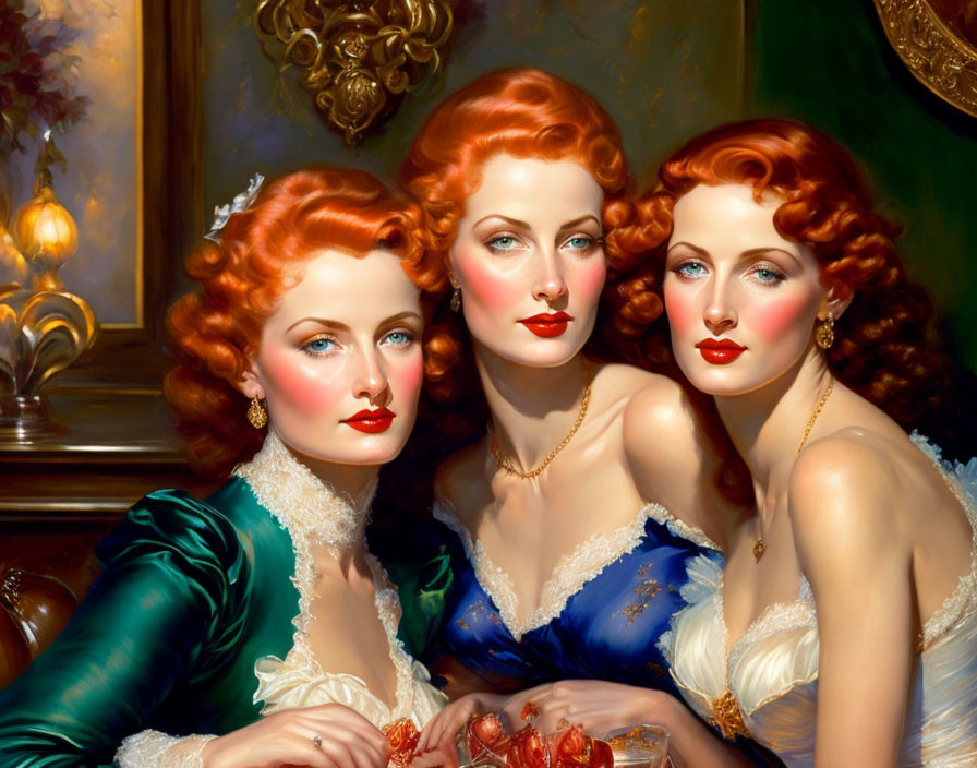 Three Women with Red Hair in Vintage Makeup and Elegant Green and Blue Gowns Posing Near Classical Painting