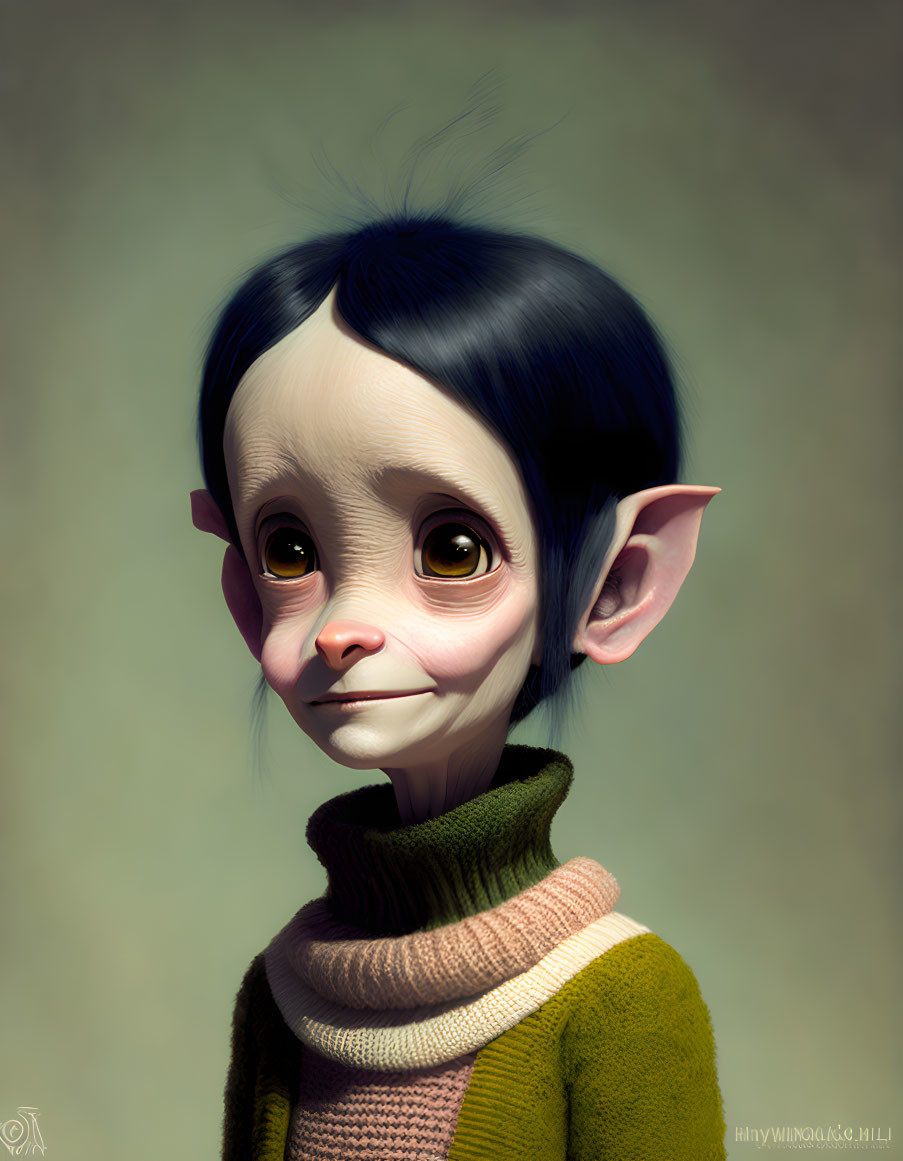 Stylized character with large eyes and turtleneck sweater