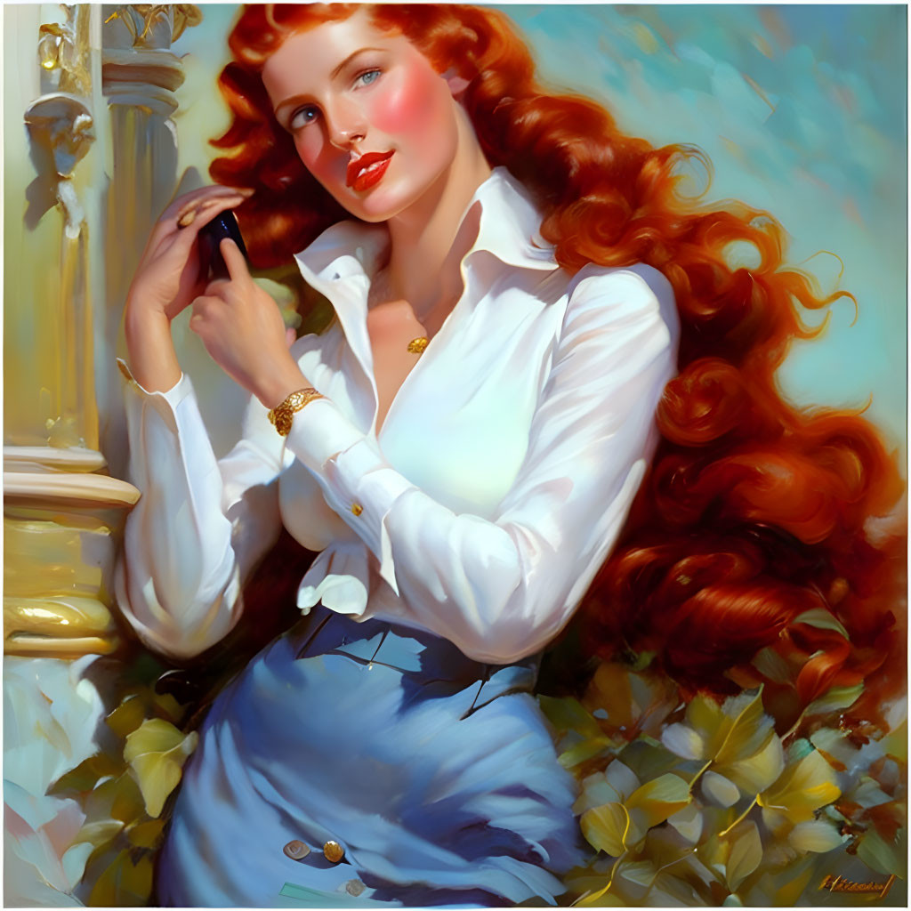 Red-haired woman in white blouse and blue skirt leans on column touching flower