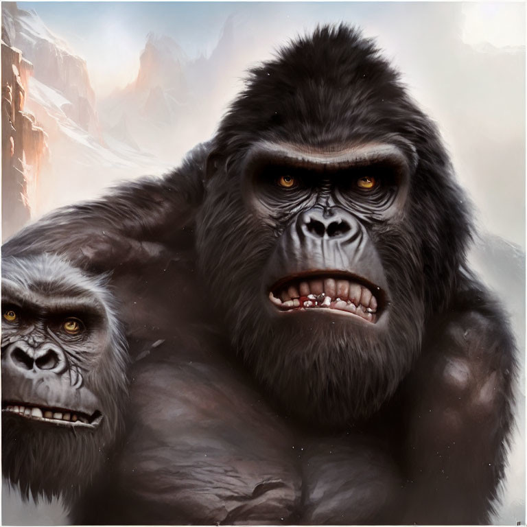 Realistic digital artwork of two menacing gorillas with dark fur