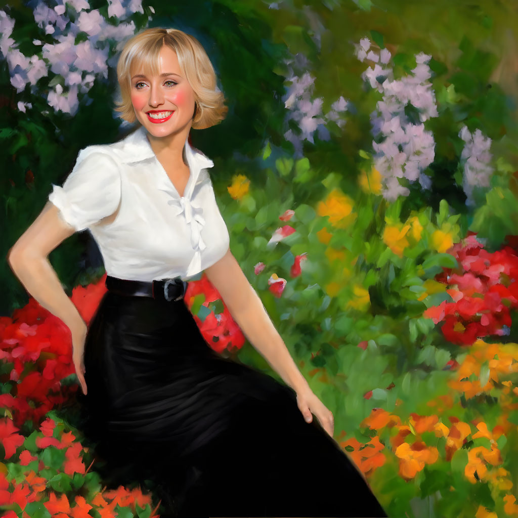 Smiling woman in white blouse and black skirt among vibrant garden flowers