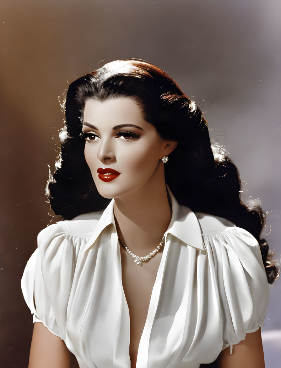 Dark-haired woman in white blouse and pearls on brown background