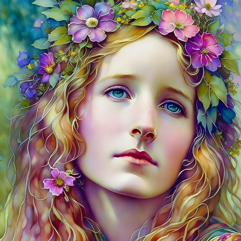 Digital artwork: Girl with blue eyes, curly blonde hair, and flower crown in vibrant floral setting