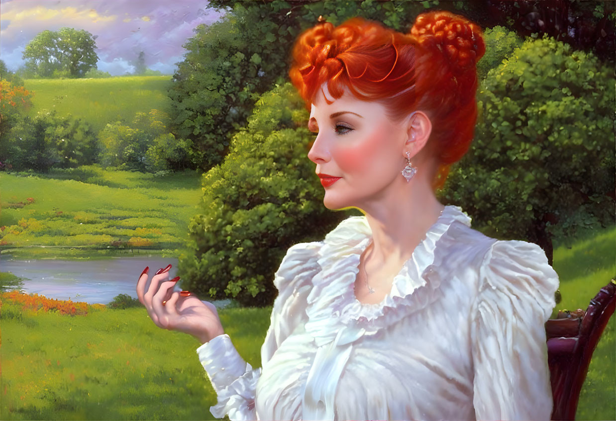 Red-haired woman in white blouse gazes in lush green landscape