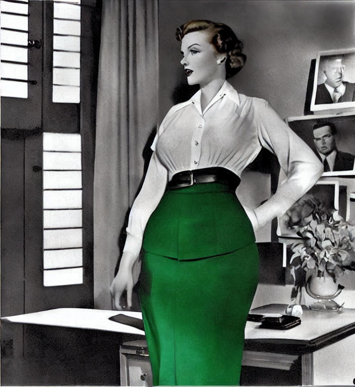 Vintage Black and White Photo with Colorized Green Skirt and Woman in Fitted Blouse