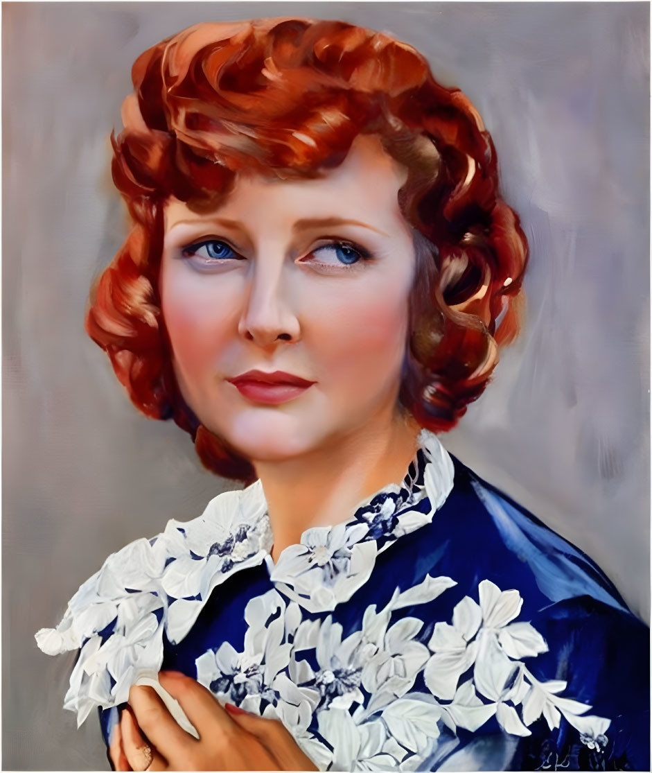 Portrait of Woman with Curly Red Hair and Blue Eyes in Blue Top