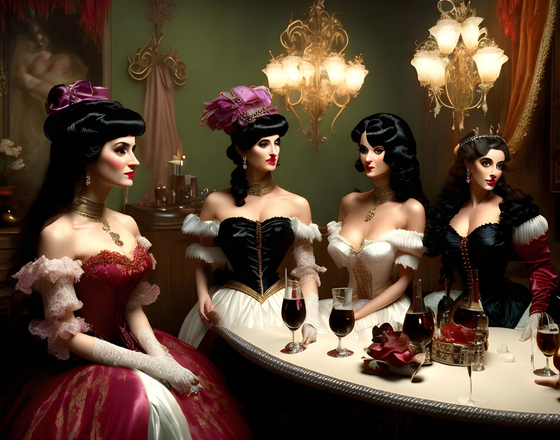 Four women in vintage aristocratic attire at elegant chandeliers table