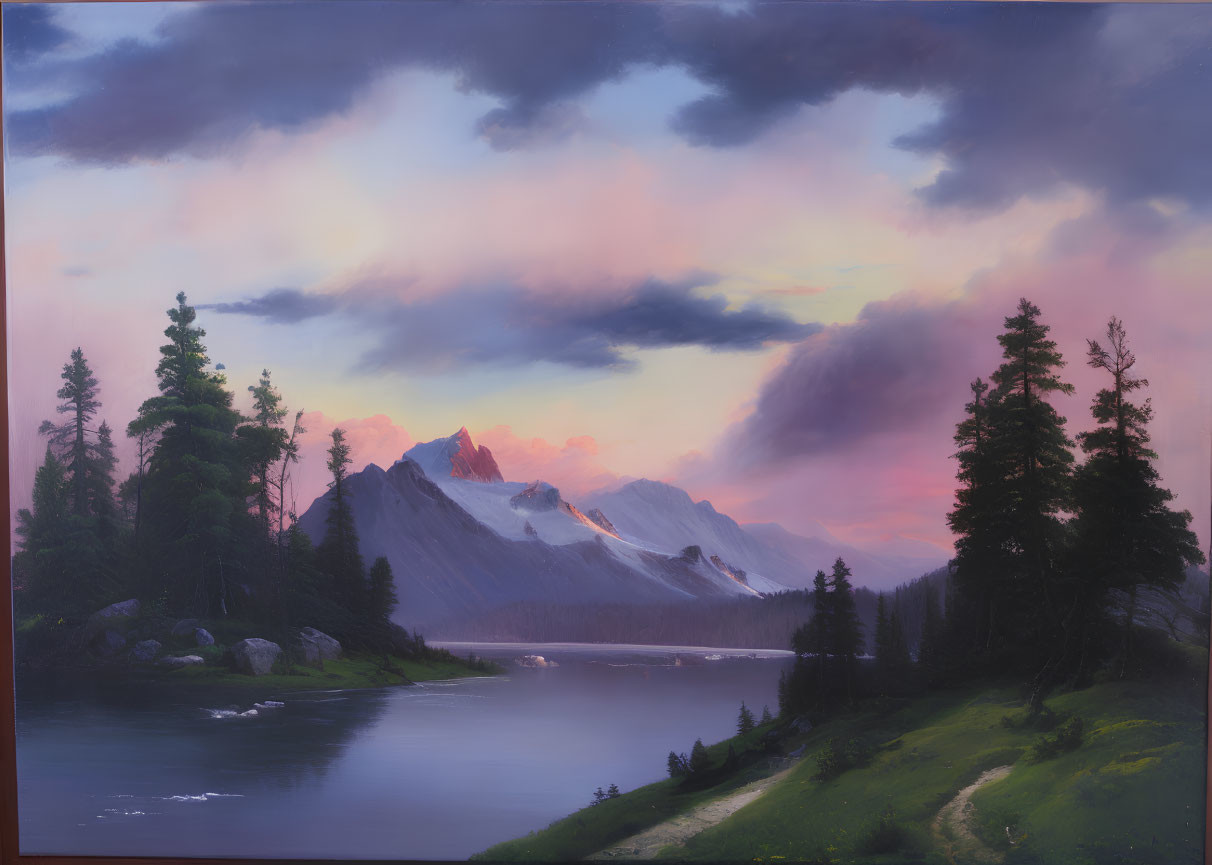 Tranquil landscape painting of serene lake, lush trees, and mountain under purple sunset.