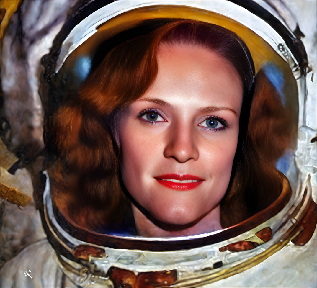 Portrait of Woman with Auburn Hair and Red Lipstick in Astronaut's Helmet