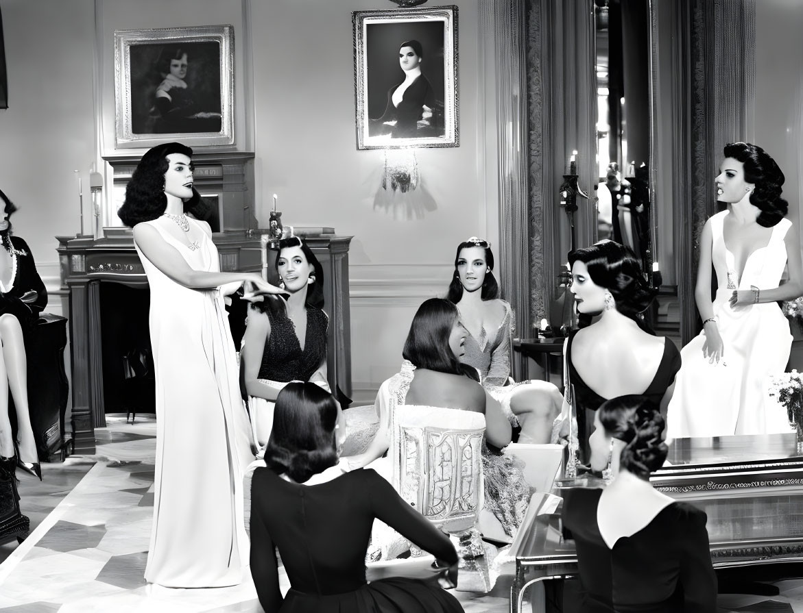 Vintage black-and-white photo of nine women in elegant attire in a classy room with portraits, evoking