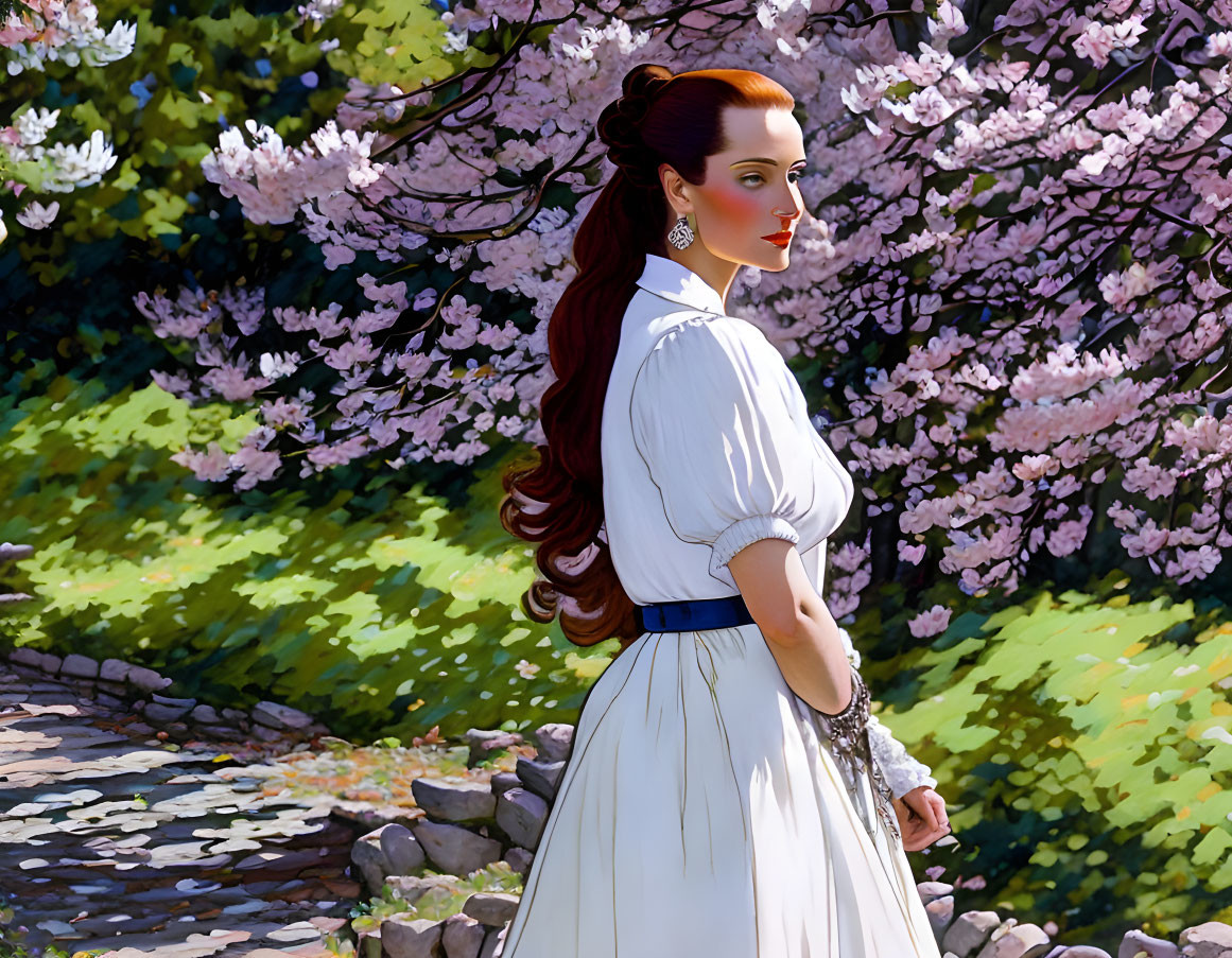 Woman in white dress among cherry blossoms with blue belt