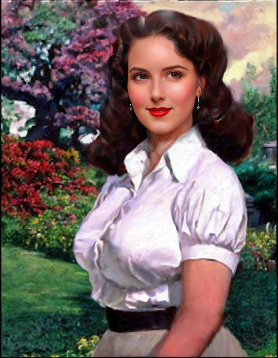 Brunette woman in white blouse against garden backdrop