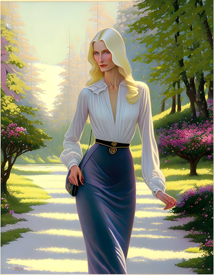 Blonde Woman in White Blouse and Blue Skirt in Sunlit Garden