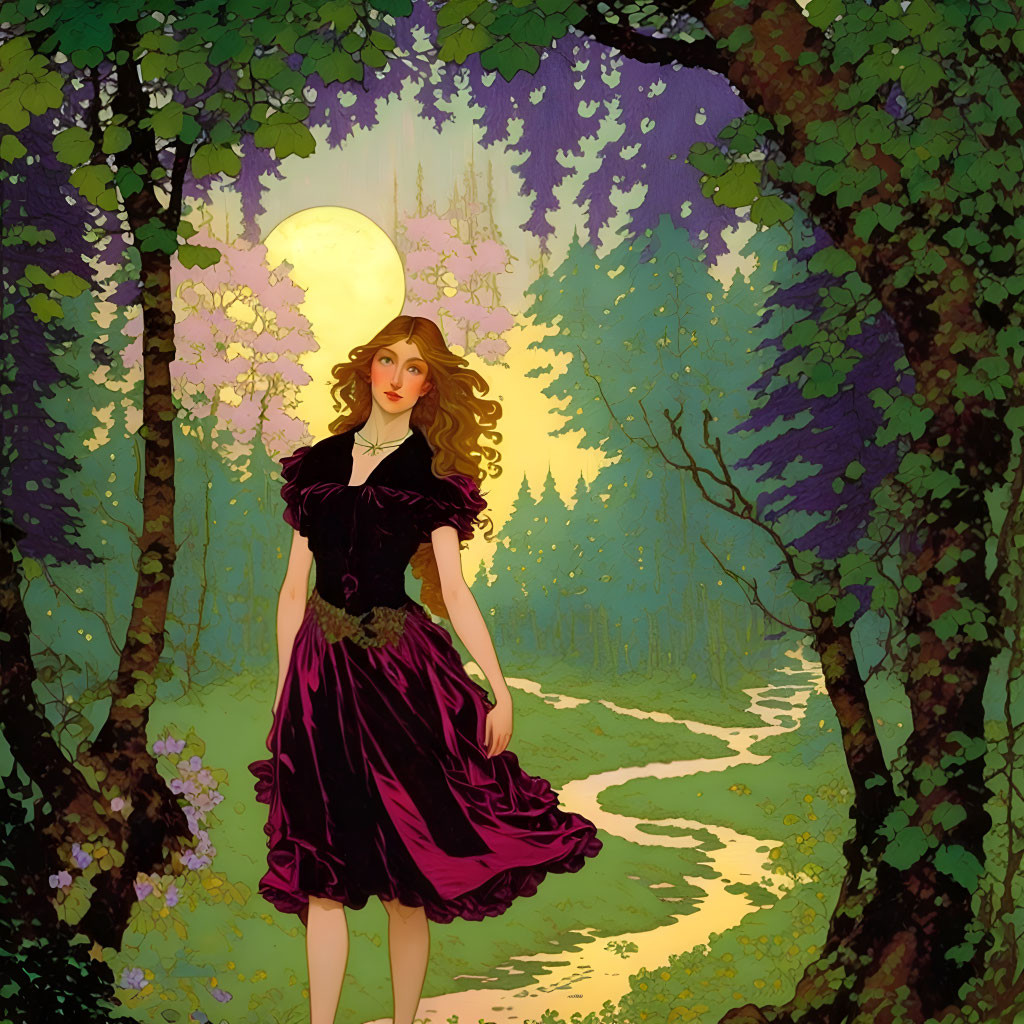 Woman in purple dress under full moon in forest clearing