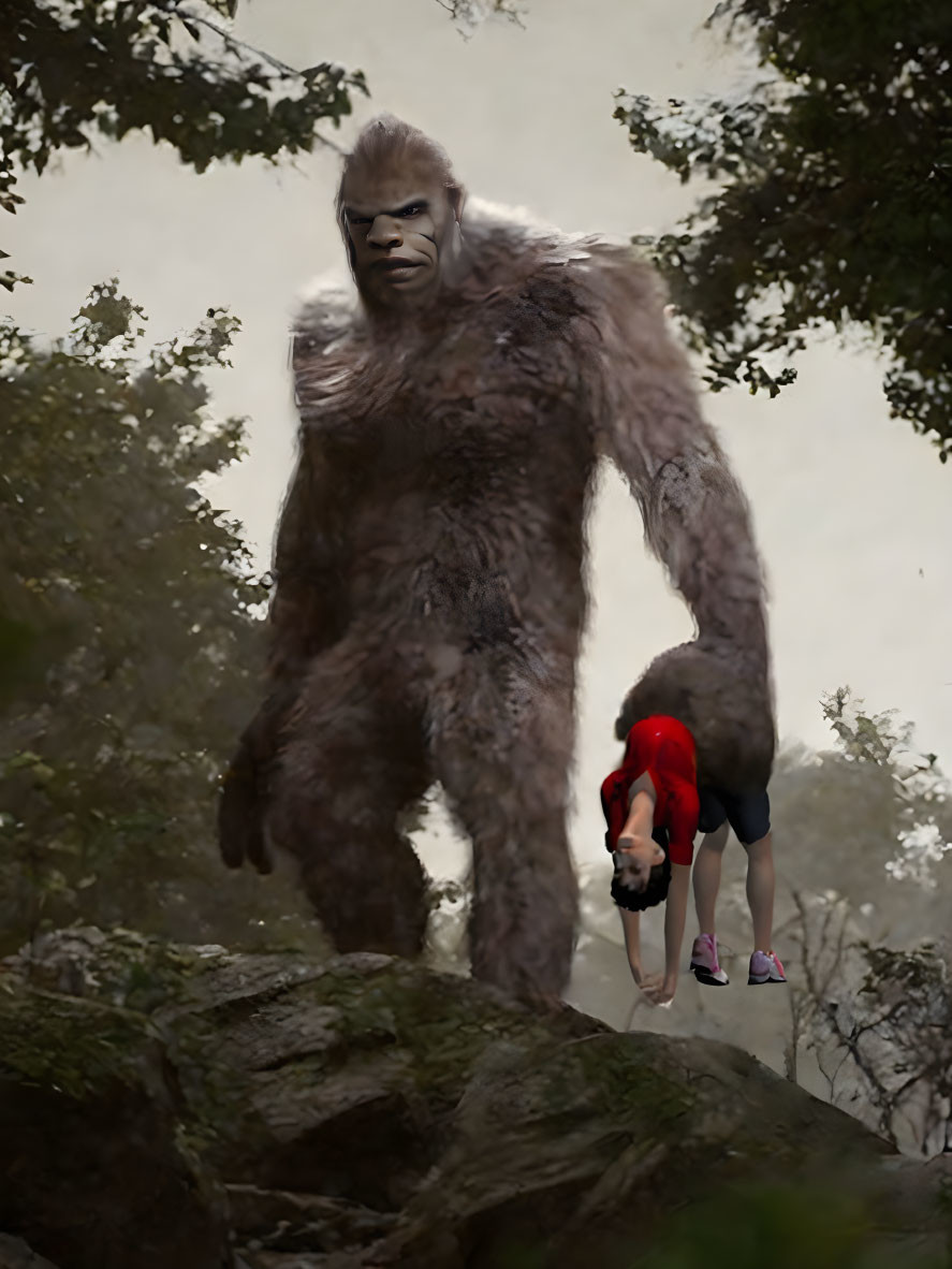 Red Hoodie Person Dwarfed by Giant Ape Creature in Foggy Forest