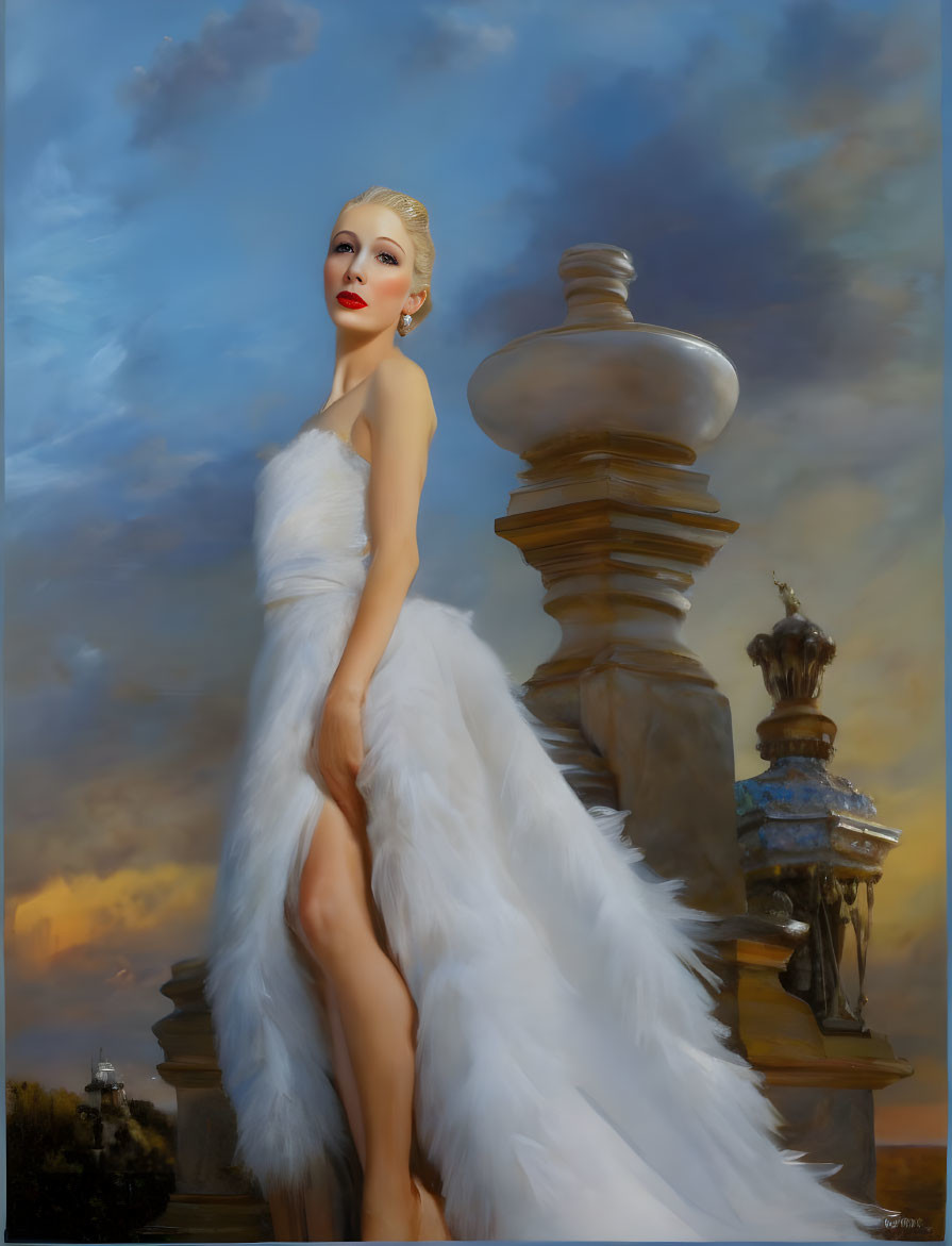 Elegant woman in white feathered gown by stone balustrades