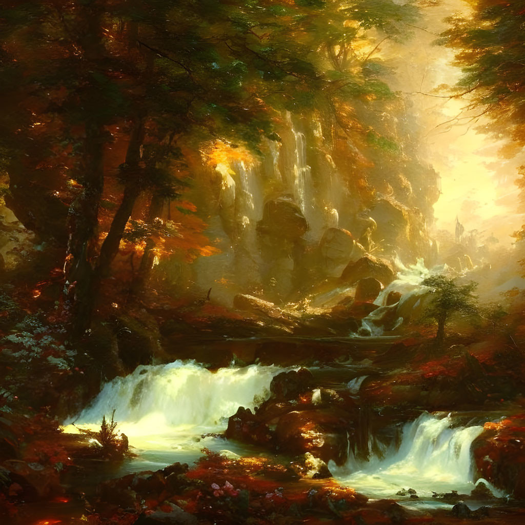 Ethereal forest scene with waterfall and autumn hues