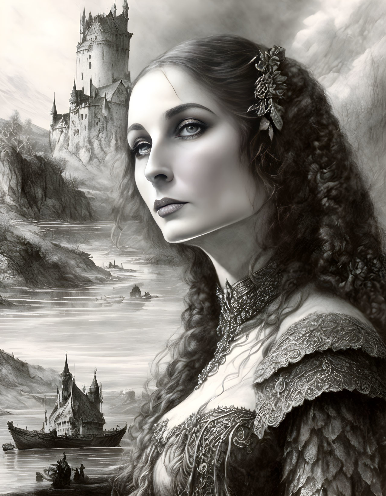 Monochromatic image of woman in intricate attire with castle and river boats