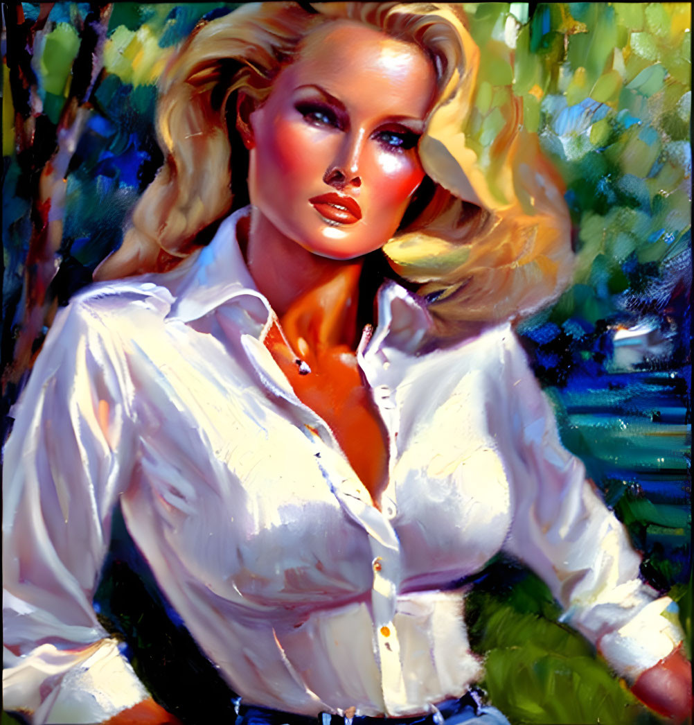 Blond Woman Portrait in White Shirt Against Colorful Background