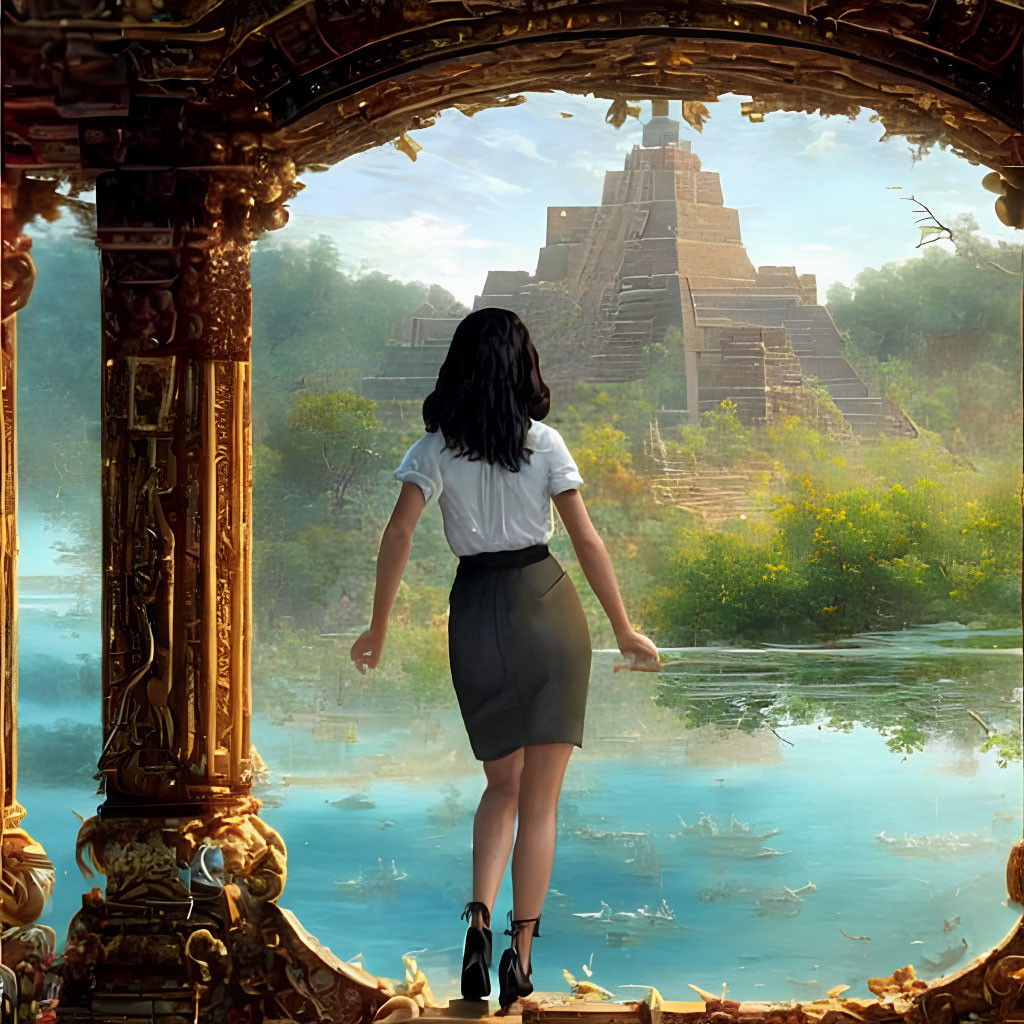 Person in Baroque Archway Views Serene Lake with Ducks and Mesoamerican Pyramid