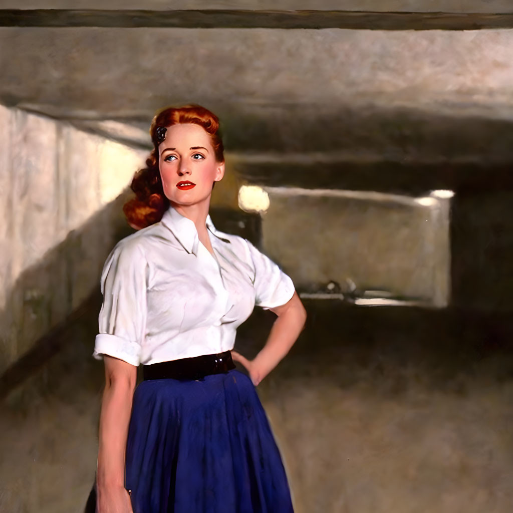 Red-haired woman in 1940s attire gazes upwards thoughtfully